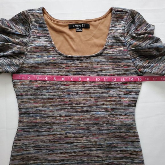 Forever 21 Women’s Square Neck Striped Puff Sleeve Bodycon Knit Dress Medium - Picture 15 of 16